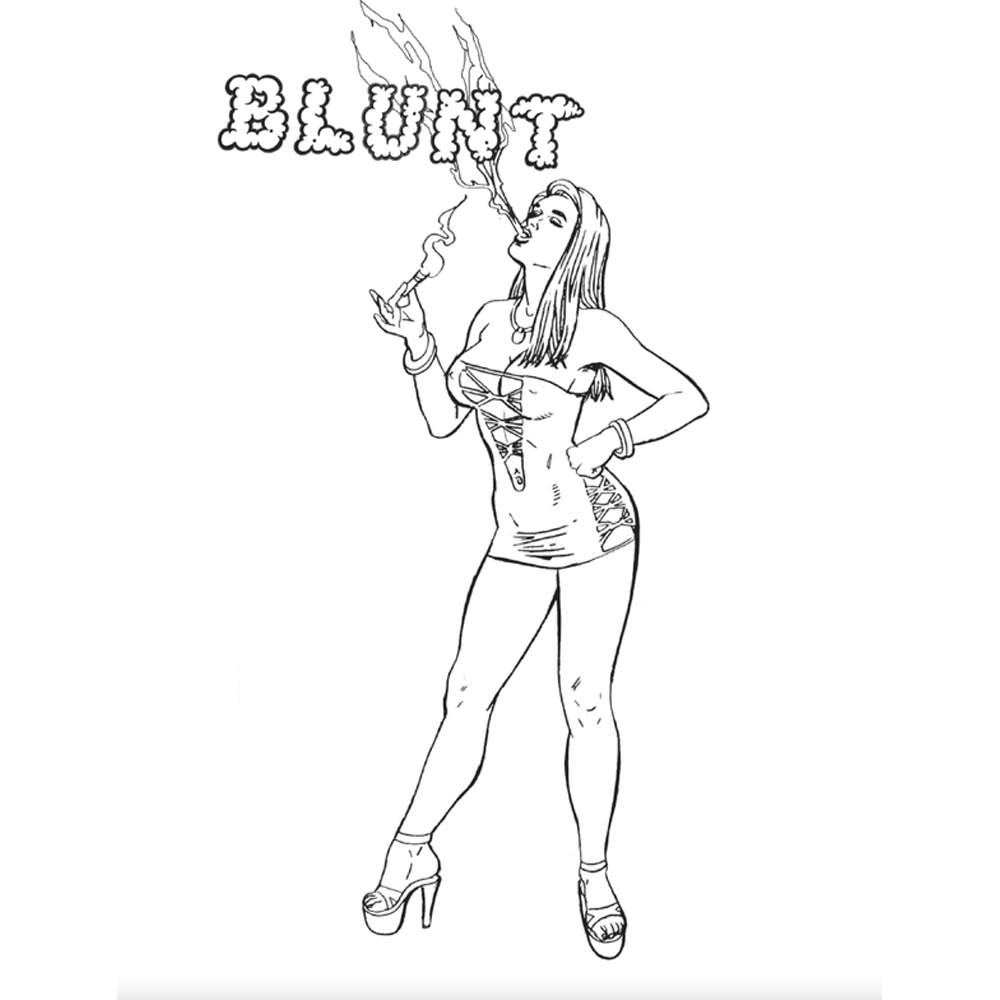 Adult coloring book with a woman smoking a blunt and the word "BLUNT" above her.