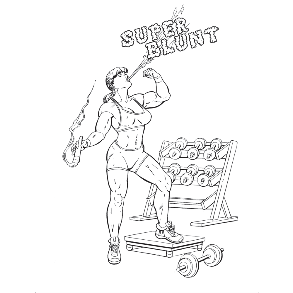 Adult coloring book featuring a muscular woman smoking from a blunt.