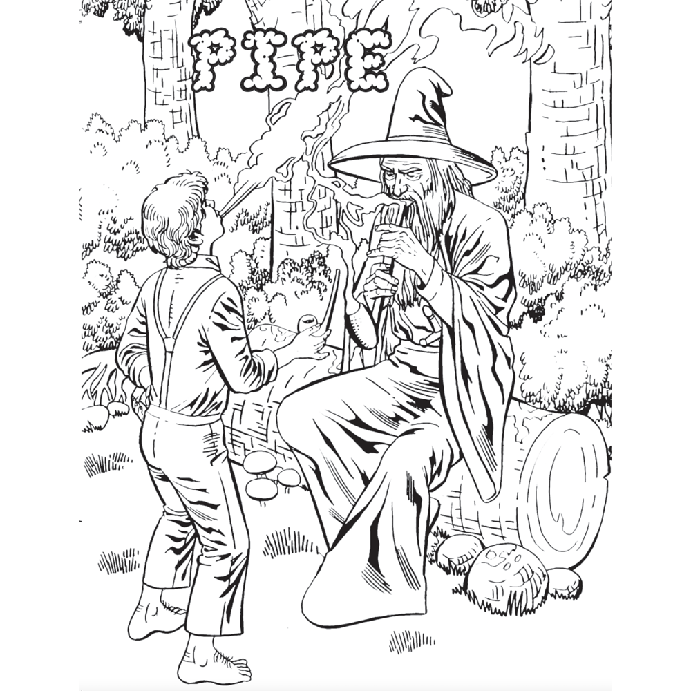 Coloring book page with a wizard and a boy smoking pipes.