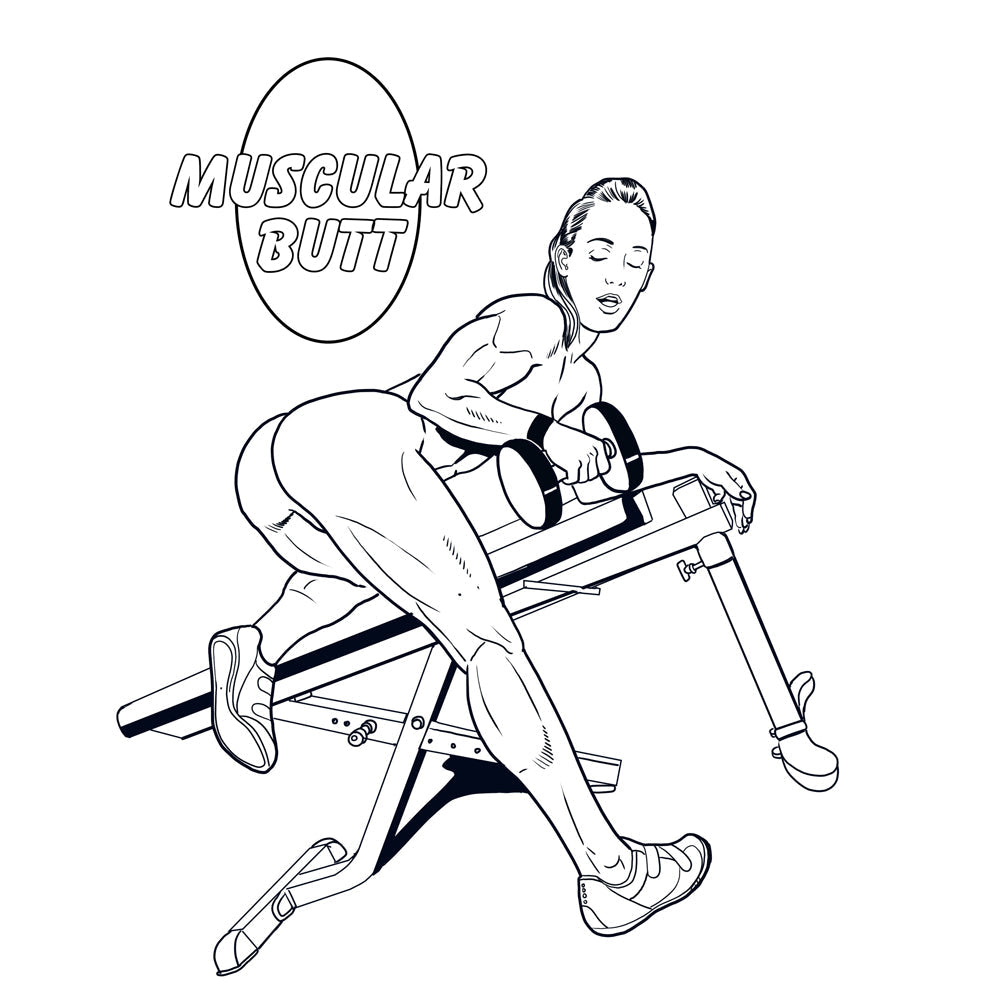 Line art of a muscular woman on a weight bench holding dumbbells.