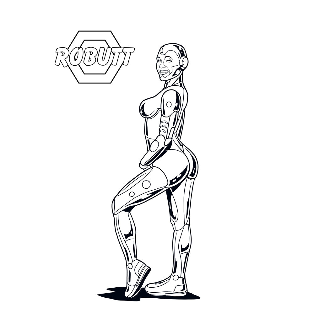 Black and white line art of a robot with a hexagonal logo that says "ROBUTT".