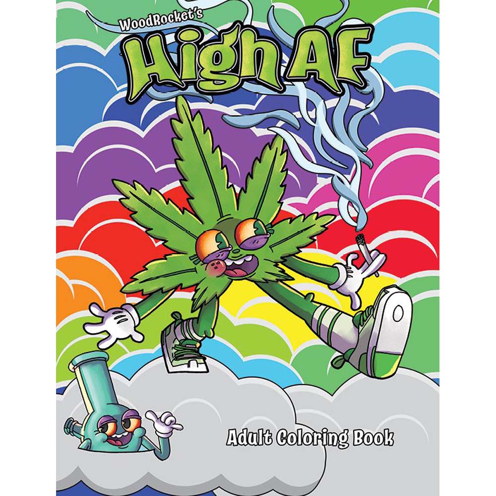 Psychedelic adult coloring book featuring a cartoon marijuana leaf character.