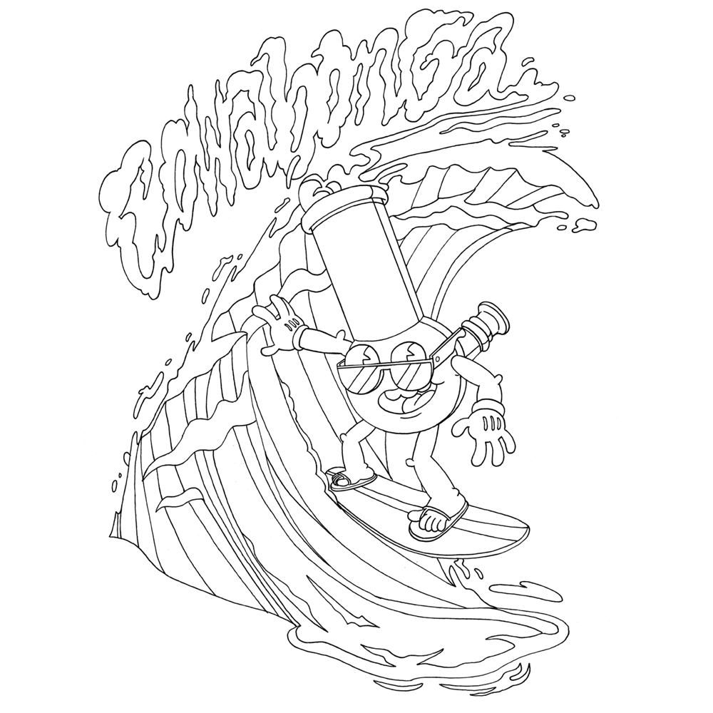 Line art of a cartoon rocket surfing a wave with "Goonabonga" text.