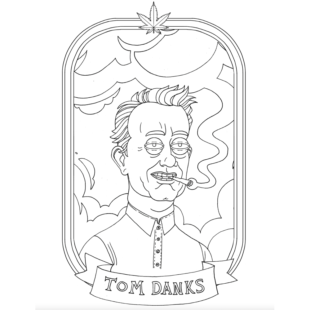 Line art of a man smoking a pipe with "Tom Danks" on a banner below.