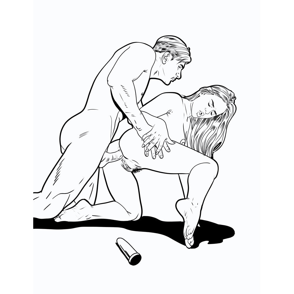 Line art illustration of anal sex scene from adult coloring book.