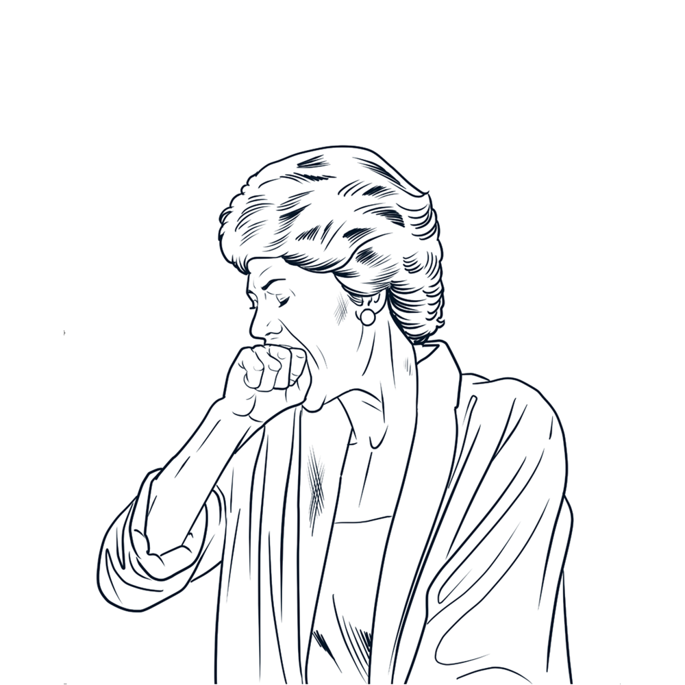 Line art illustration of a woman yawning and covering her mouth with her hand.