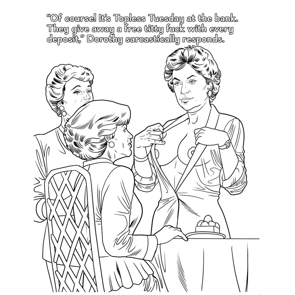 Line art from an adult coloring book shows three women, one revealing her chest.