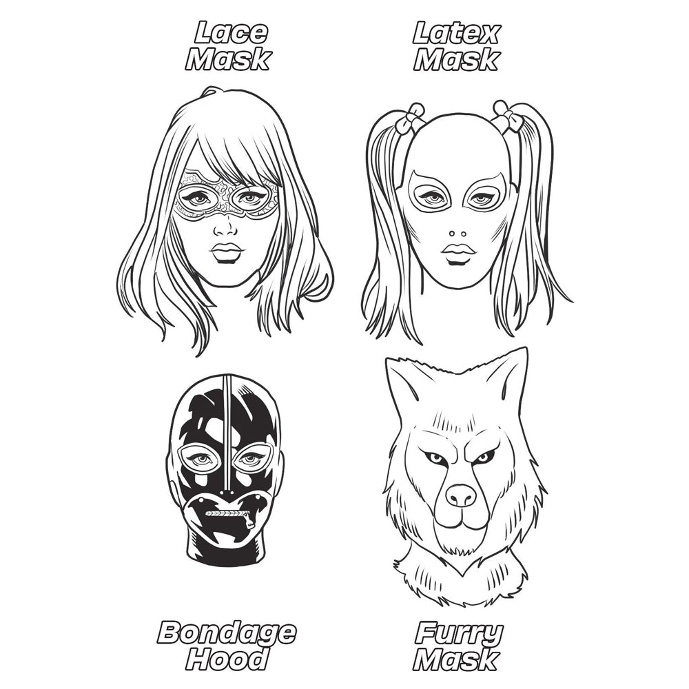 Four mask illustrations: lace, latex, bondage hood, and furry.