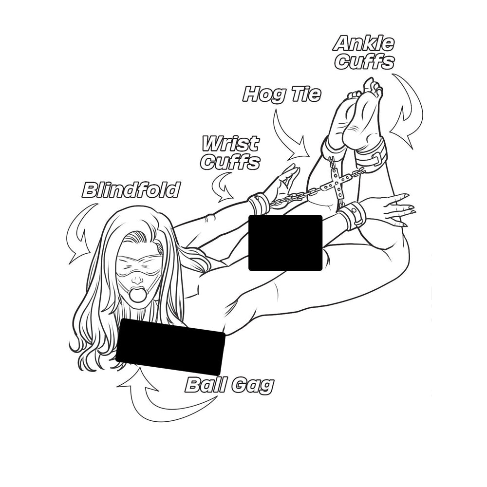 Adult coloring book page with a person in a hog tie, blindfold, and ball gag.