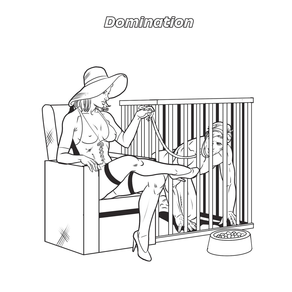 Adult coloring book page with a woman in a chair and a person in a cage.