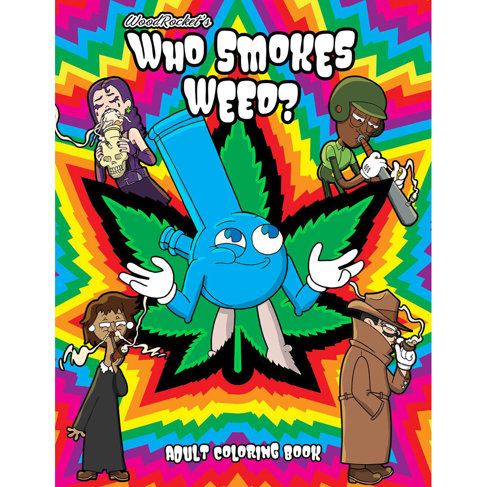 Adult coloring book with a psychedelic background and cartoon characters smoking.
