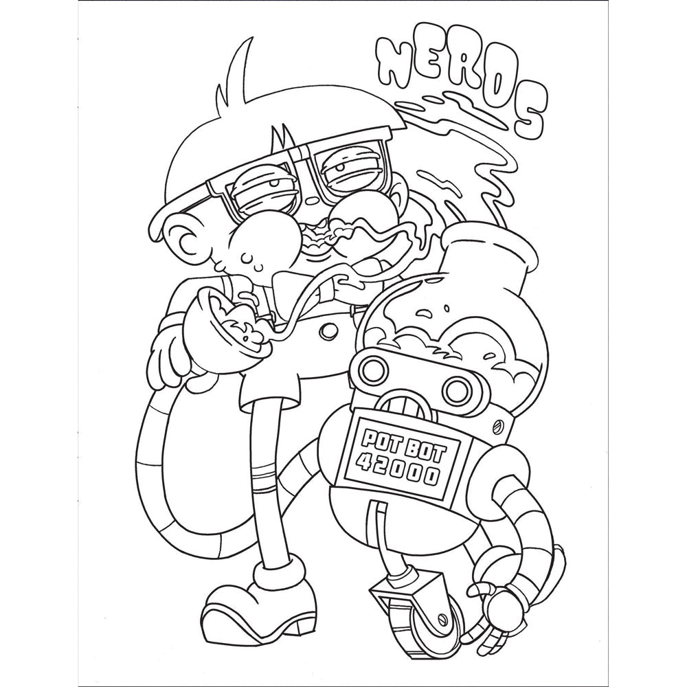 Coloring page of a cartoon character with a robot and the word "NERDS".