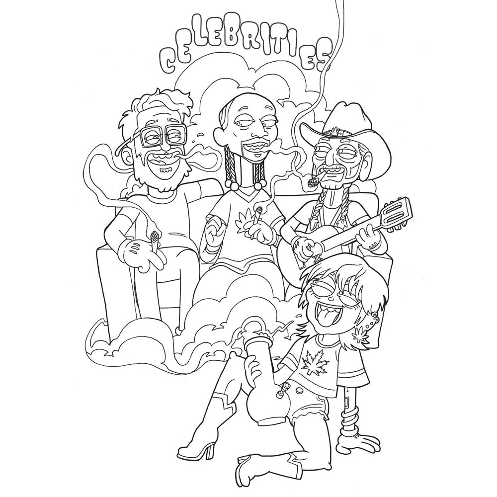 Line art of cartoon celebrities smoking weed and playing guitar.
