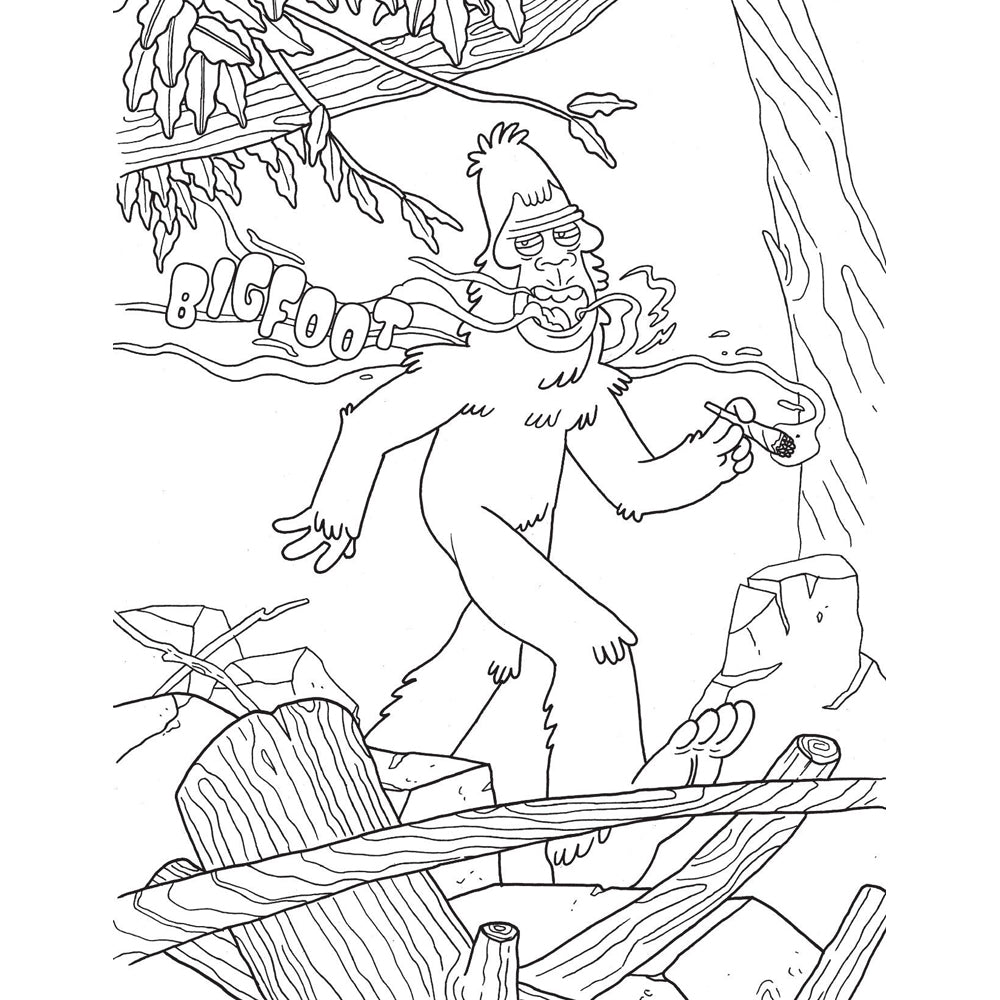 A coloring book page shows Bigfoot smoking a pipe.