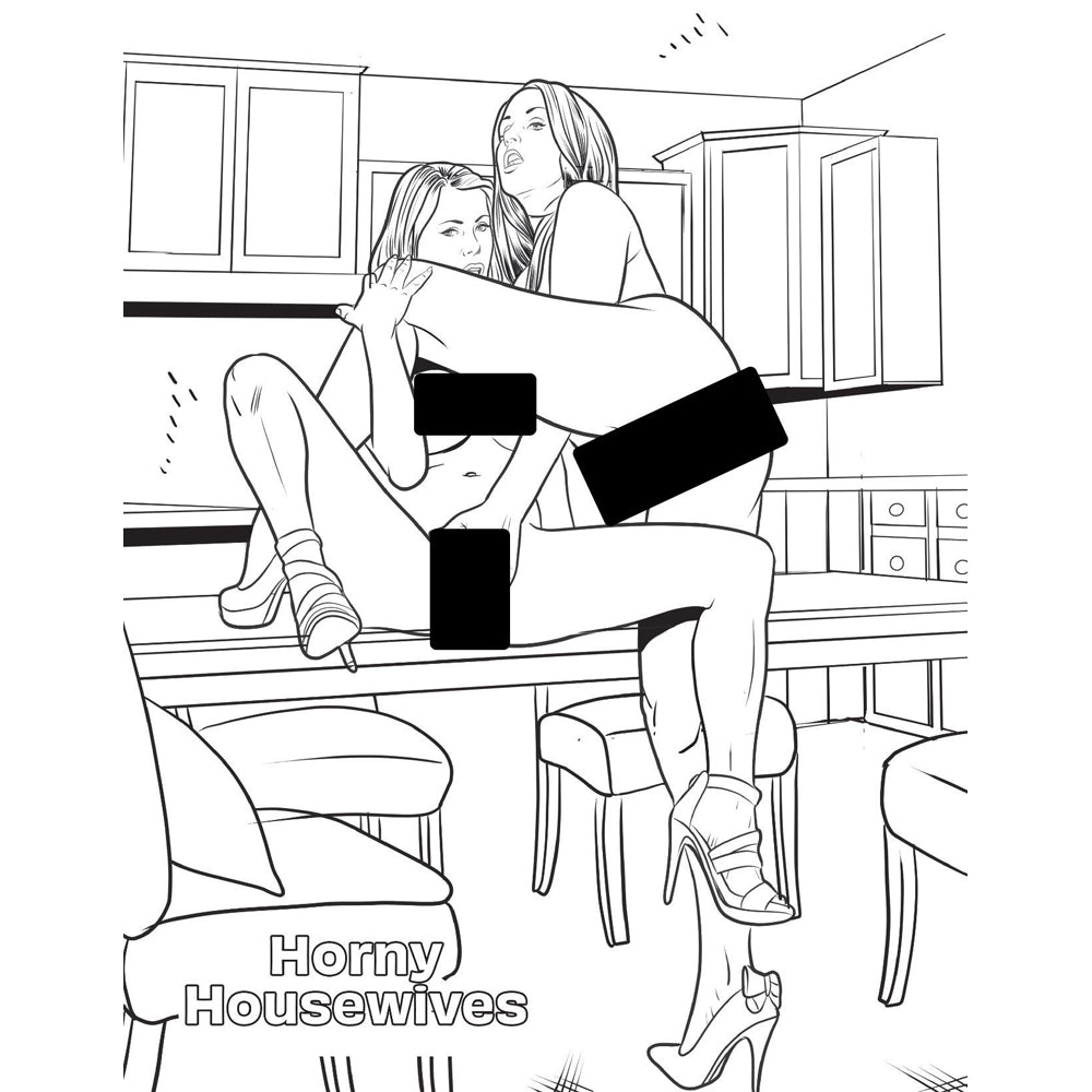 Adult coloring book with two women in a kitchen scene.
