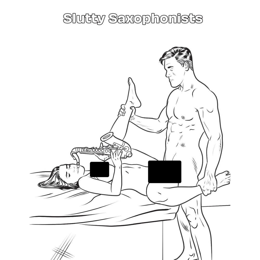 Adult coloring book with a humorous and risqué illustration.