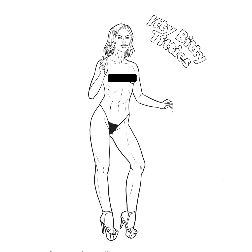 Line art of a woman in a bikini with a black bar over her chest and text that says "Itty Bitty Titties".