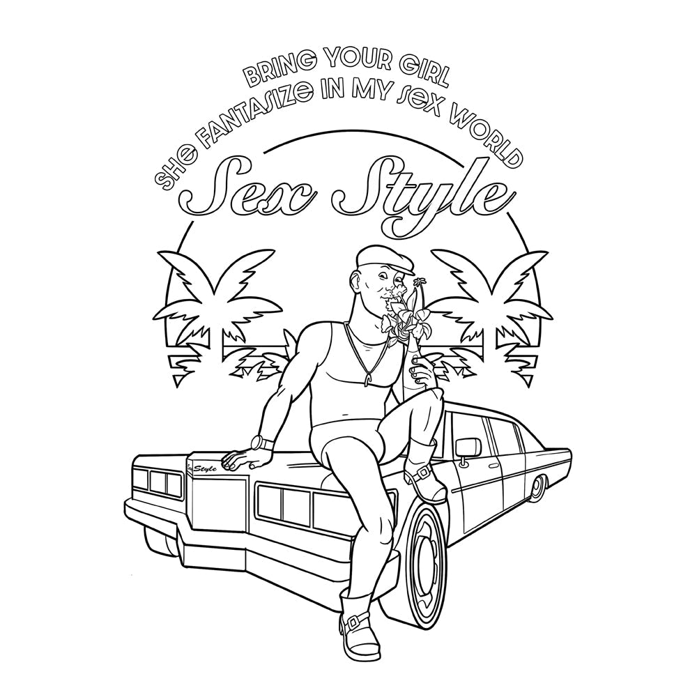 Adult coloring book featuring Kool Keith in a limousine with palm trees.