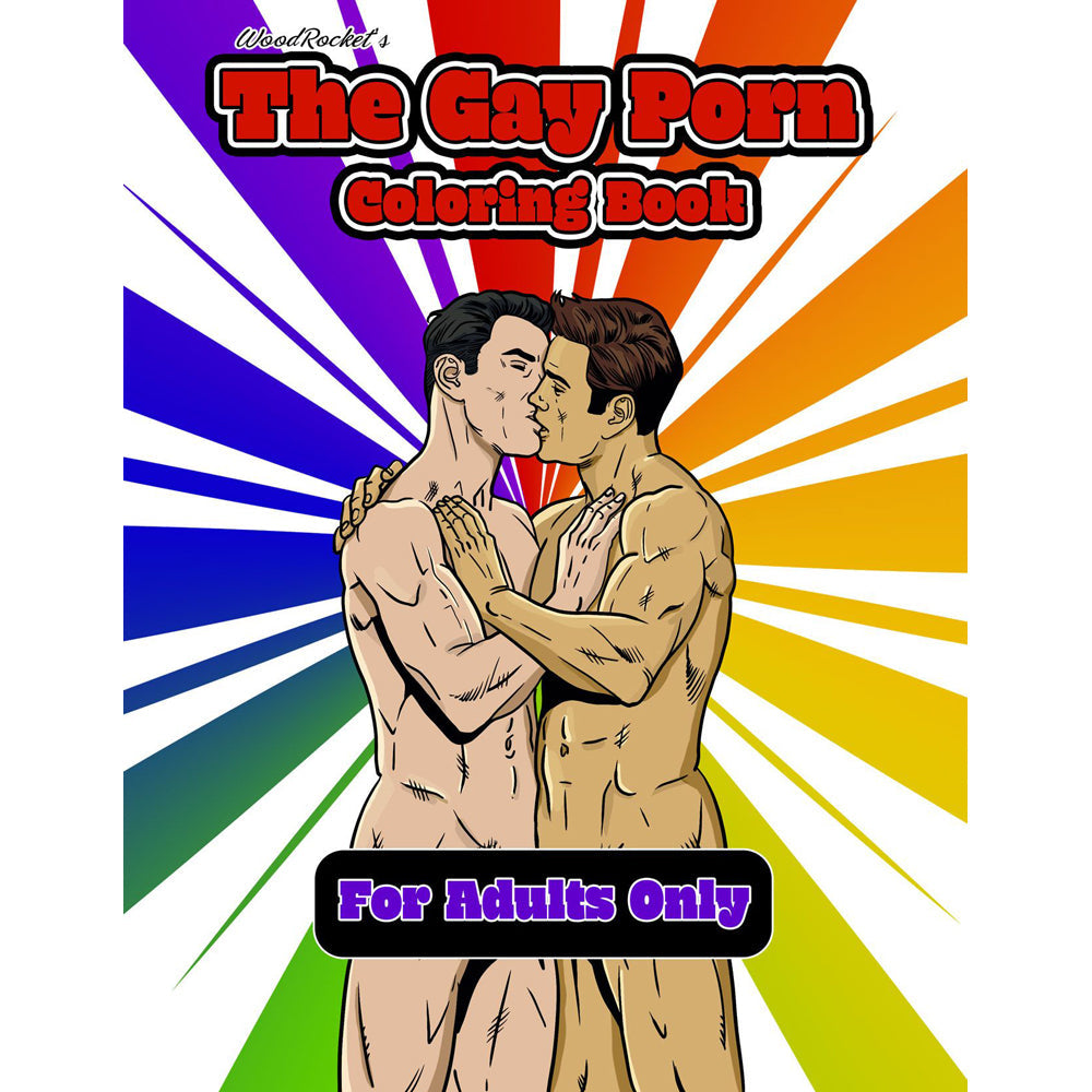 Adult coloring book with explicit male illustrations and a rainbow background.