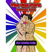Adult coloring book with explicit male illustrations and a rainbow background.