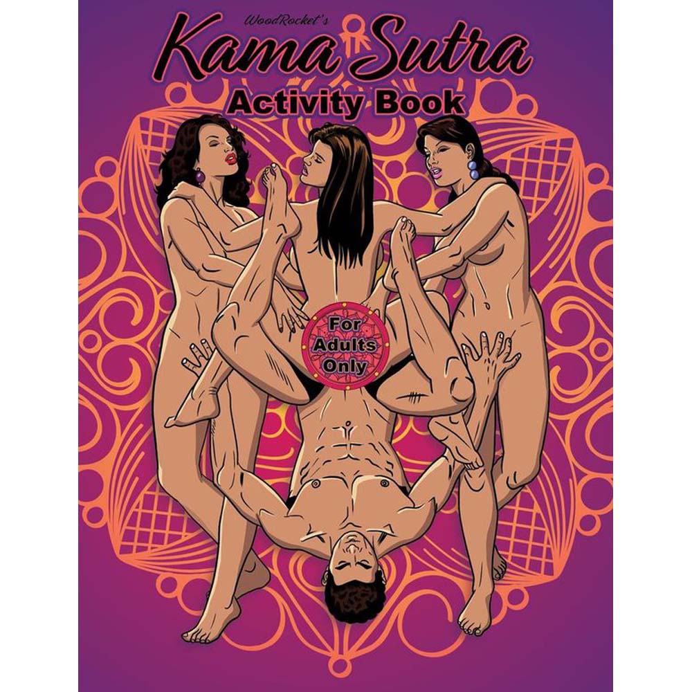 Cover of Kama Sutra Activity Book with nude figures in intimate poses and orange mandala design.