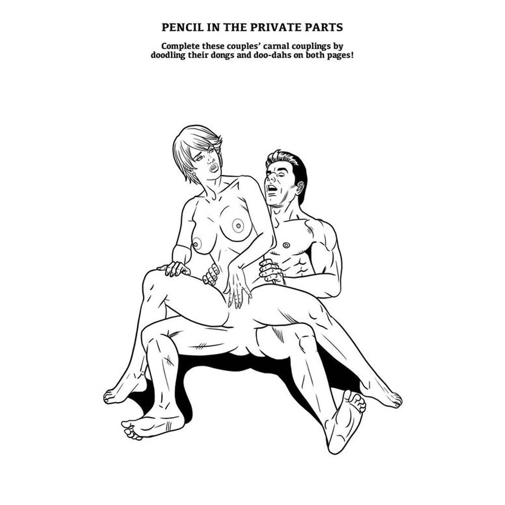 Line drawing from Kama Sutra activity book showing nude couple in intimate pose for coloring.