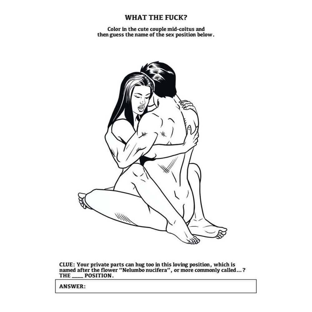 Black and white illustration of a couple in a sexual position with text about coloring and guessing the position.