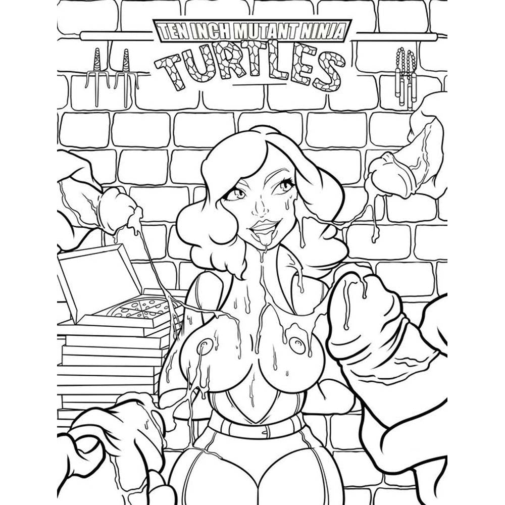 Black and white line art of a nude woman in a TMNT parody scene from an adult coloring book.