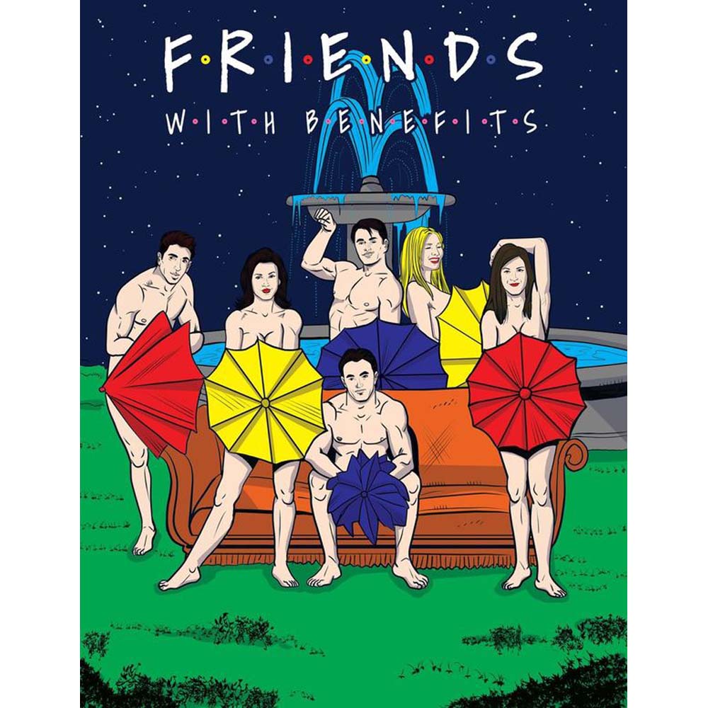 Illustration of the Friends cast parody with nudity and umbrellas.