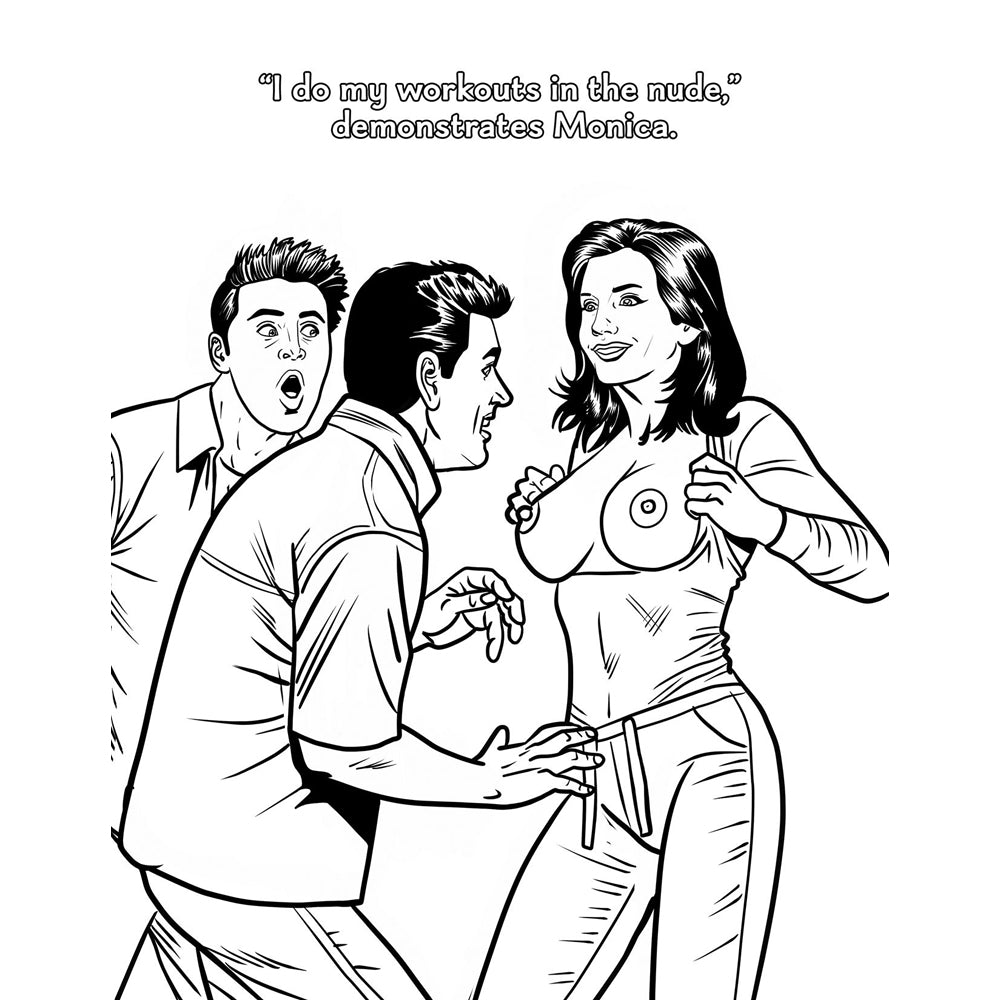 Adult coloring book page parodying Friends with nude woman and two surprised men.