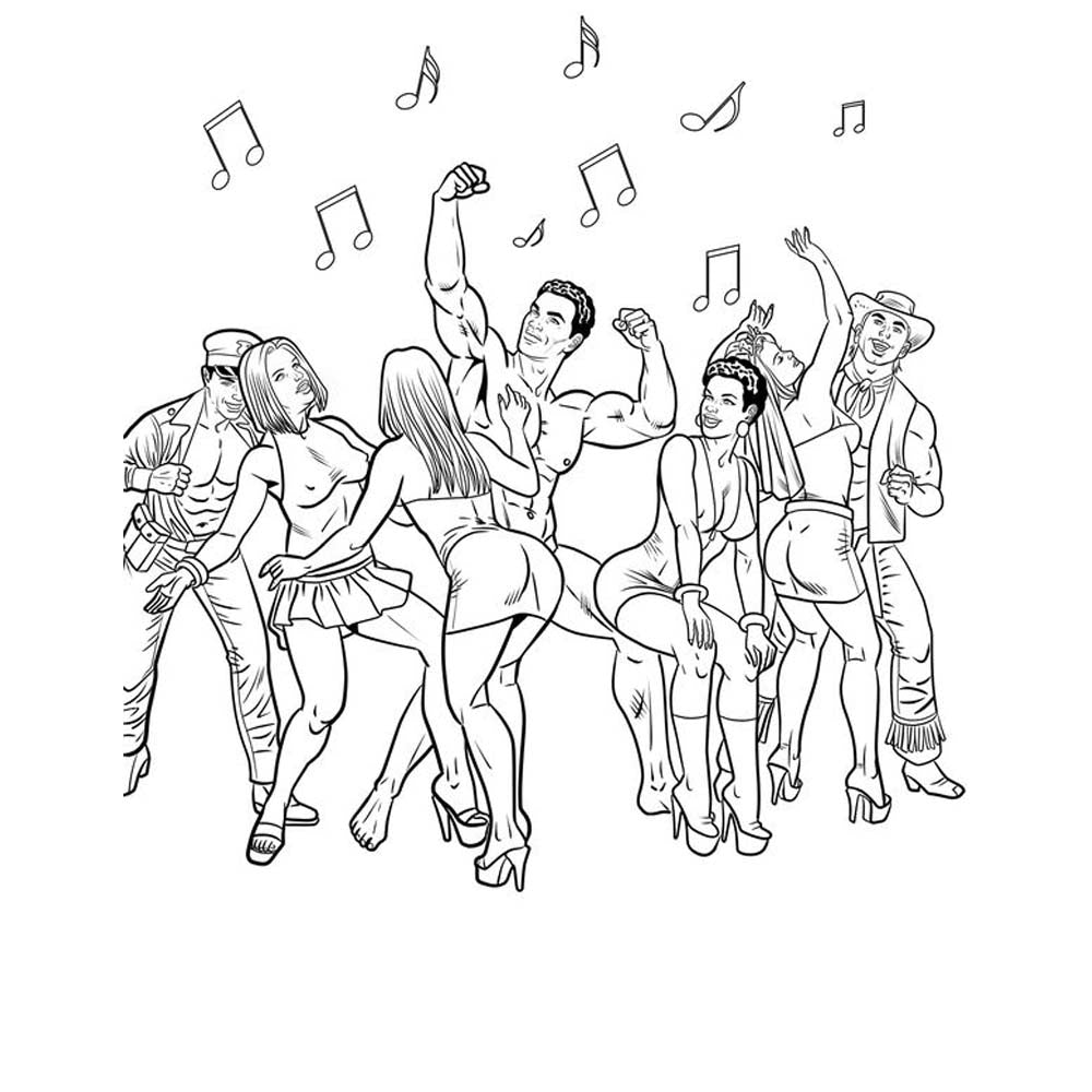 Adult coloring book with 24 naughty illustrations of people dancing.
