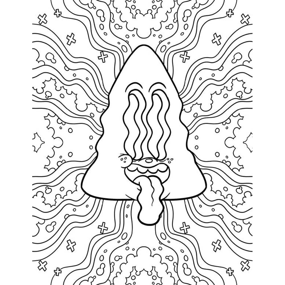 A black and white illustration of a trippy, cartoonish tree with a face and tongue sticking out, surrounded by wavy lines and crosses.