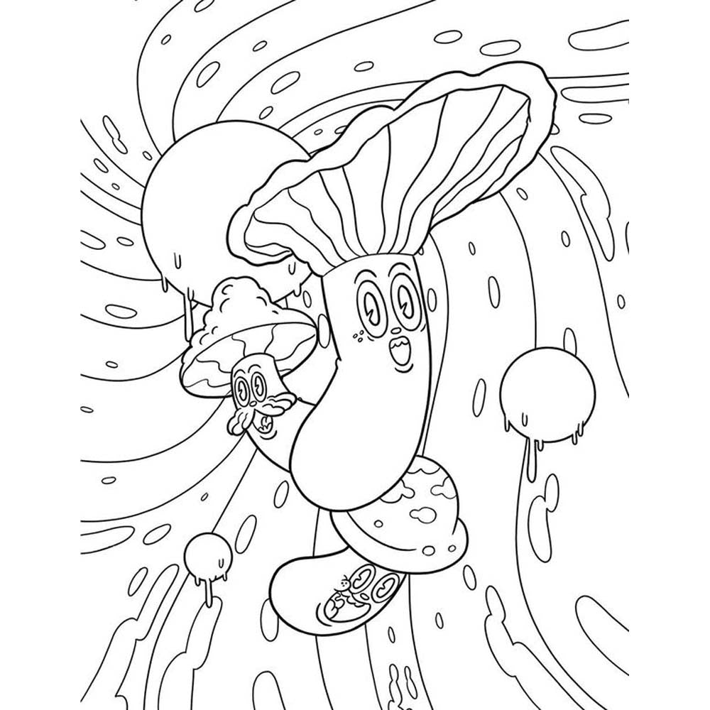 A black and white line drawing of cartoon mushrooms with faces.