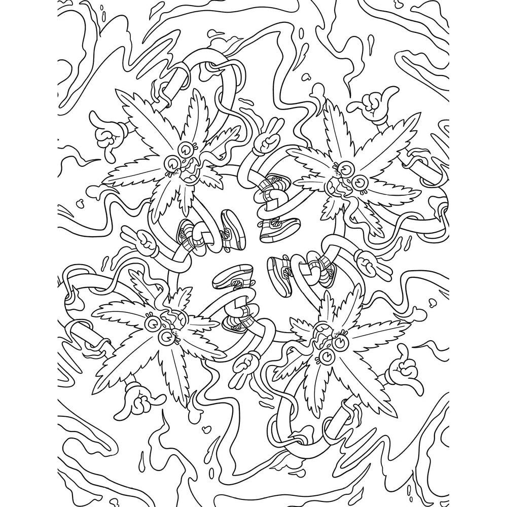 A black and white line drawing of a mandala with cartoon cannabis leaves.