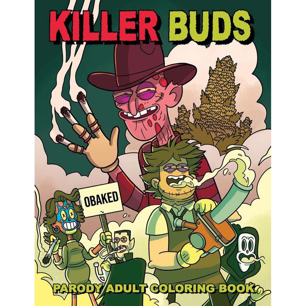 A parody adult coloring book titled "Killer Buds" featuring horror characters with a cannabis theme.