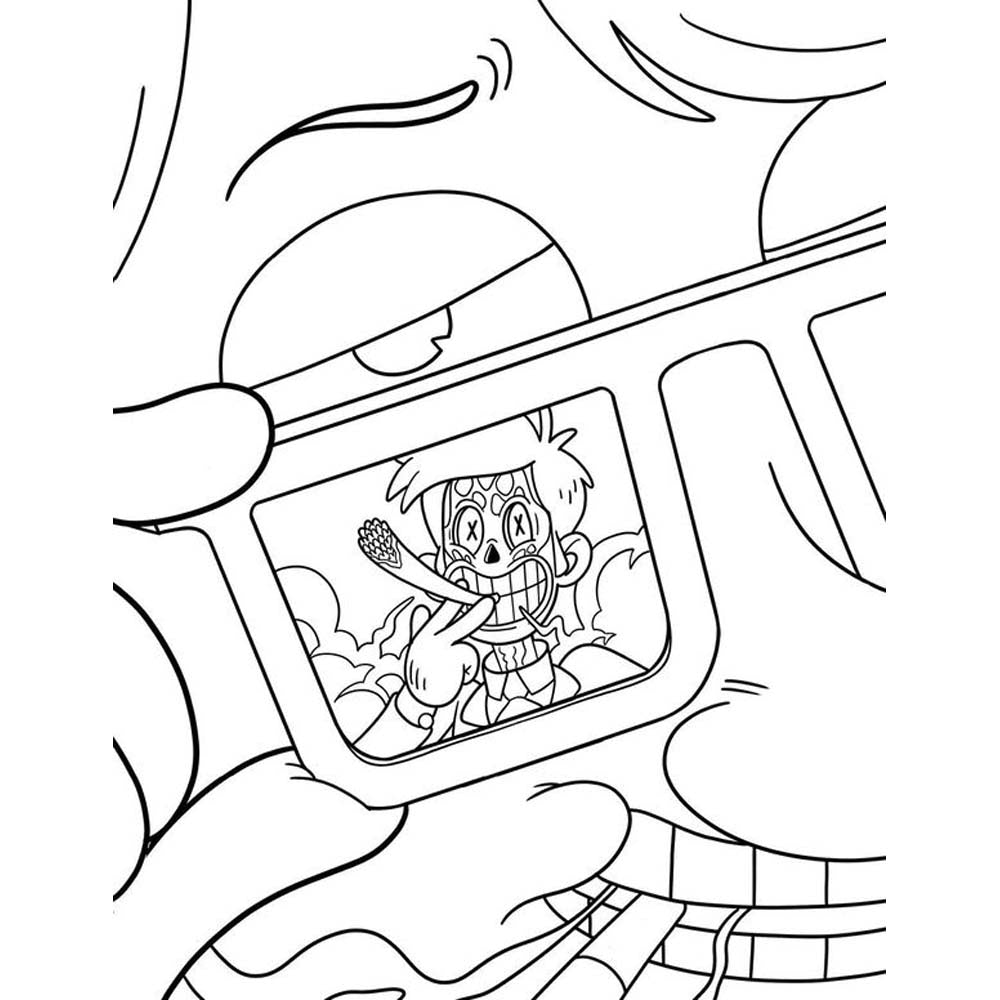 Coloring book page with a cartoon character holding a joint.