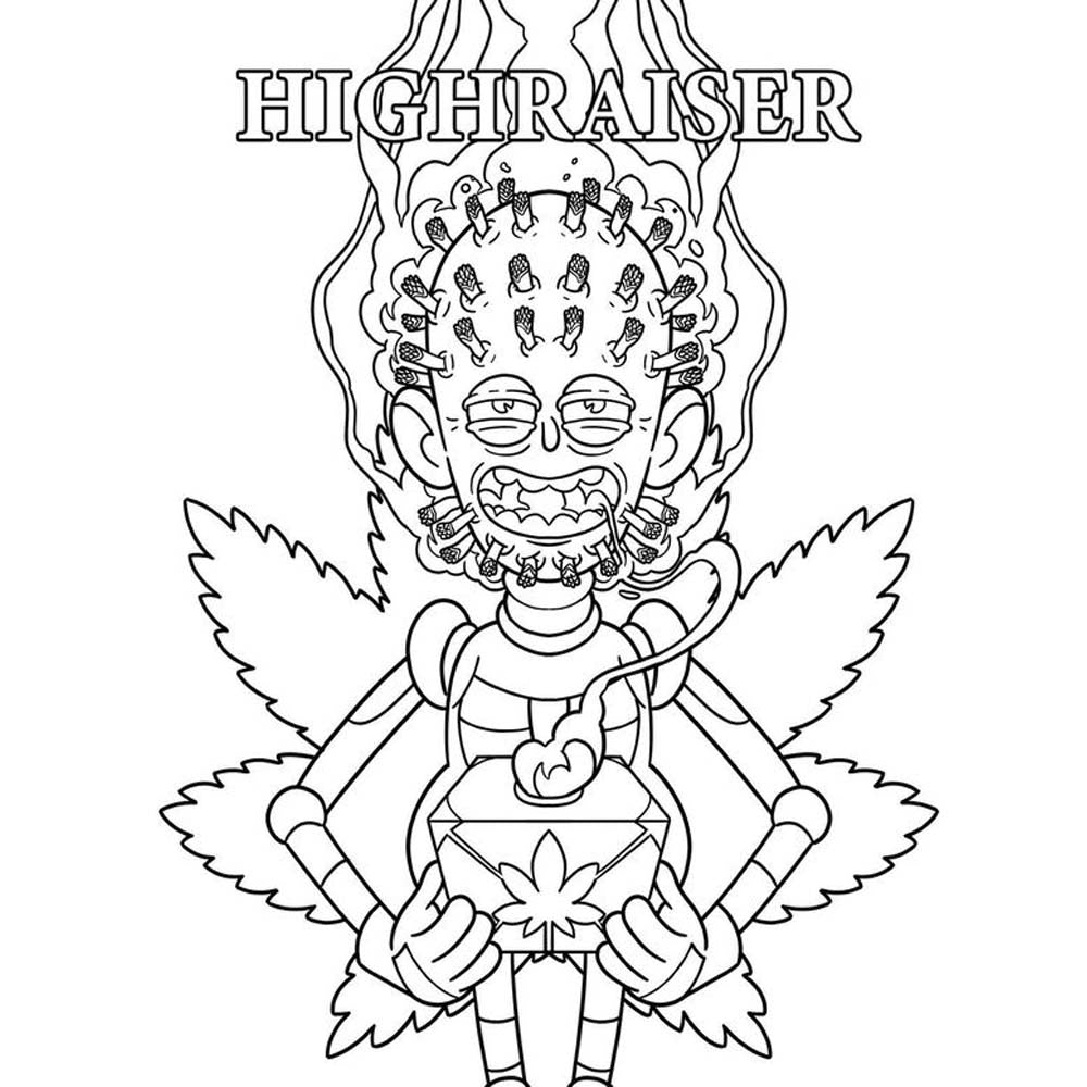 Coloring book page with a character smoking and the words HIGHRAISER.