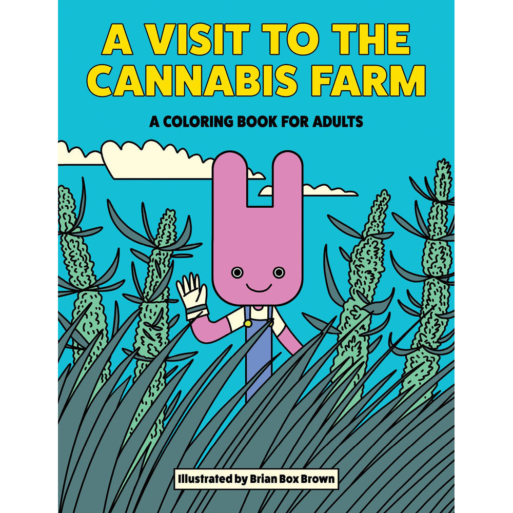 A coloring book cover titled "A Visit to the Cannabis Farm" featuring a cartoon bunny.