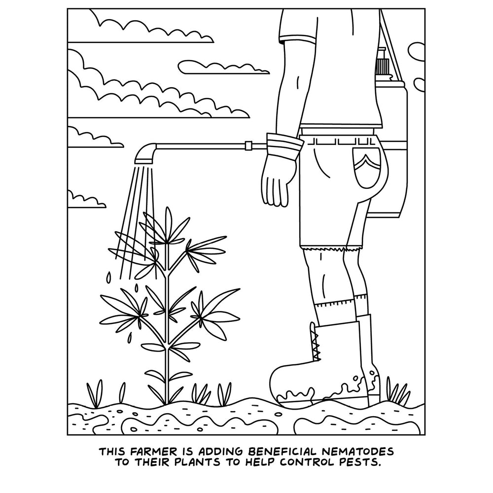 Line drawing of a farmer spraying a plant with beneficial nematodes.