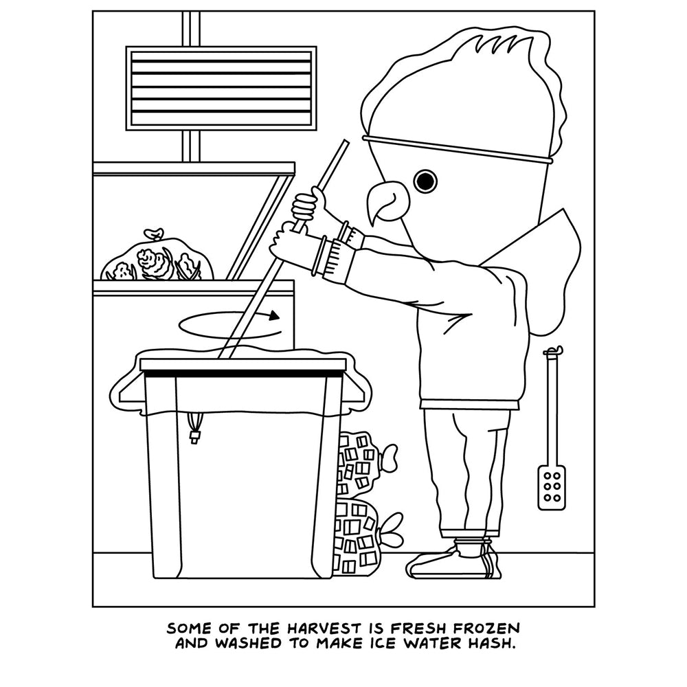 A cartoon character with a bird's head stirs a bucket of ice water.