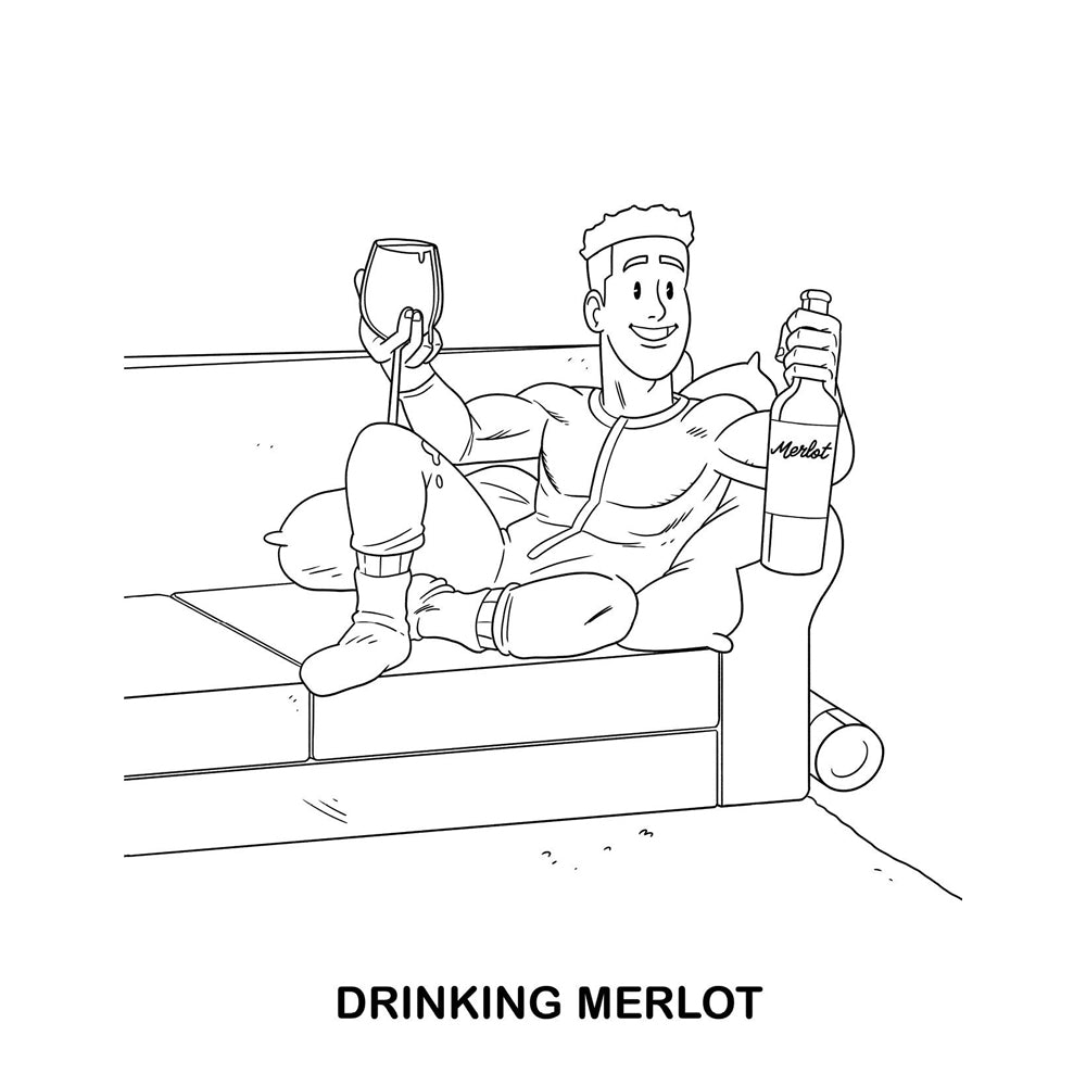 Line art of a man relaxing on a couch with a glass of wine and a bottle of merlot.