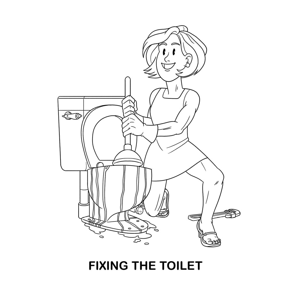 Line drawing of a woman plunging a toilet.