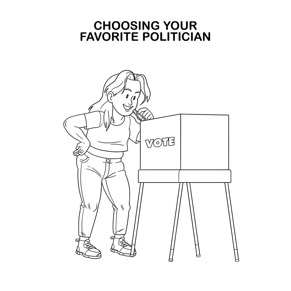 Line art of a person voting at a ballot box with the word "VOTE" on it.