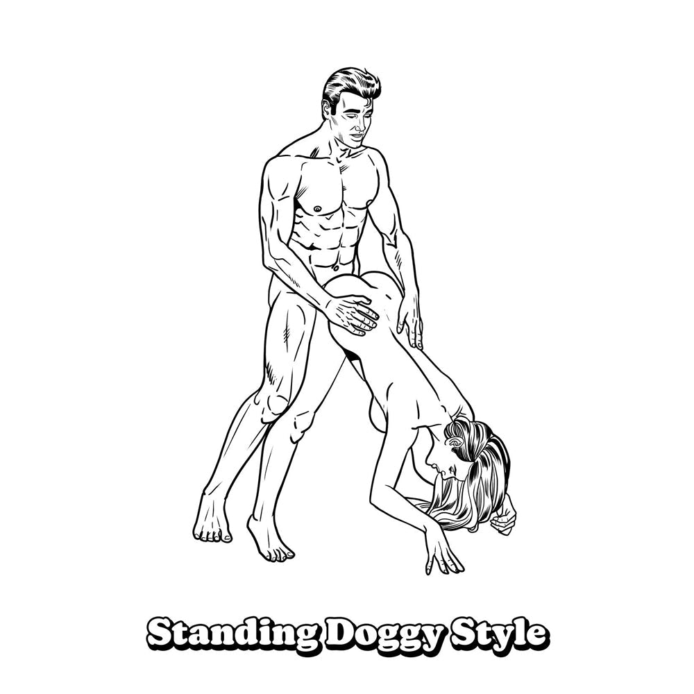 Adult coloring book with illustrations of standing doggy style.