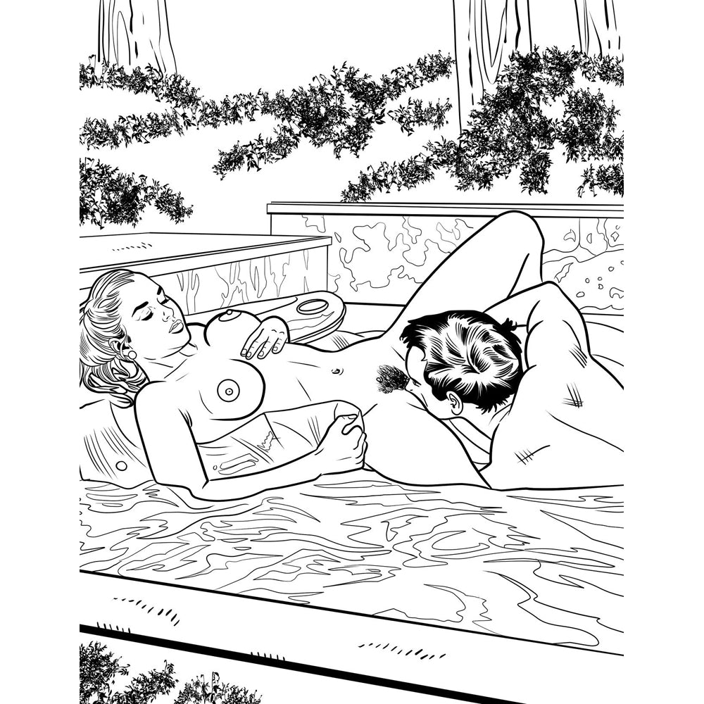Adult coloring book with illustrations of intimate scenes.