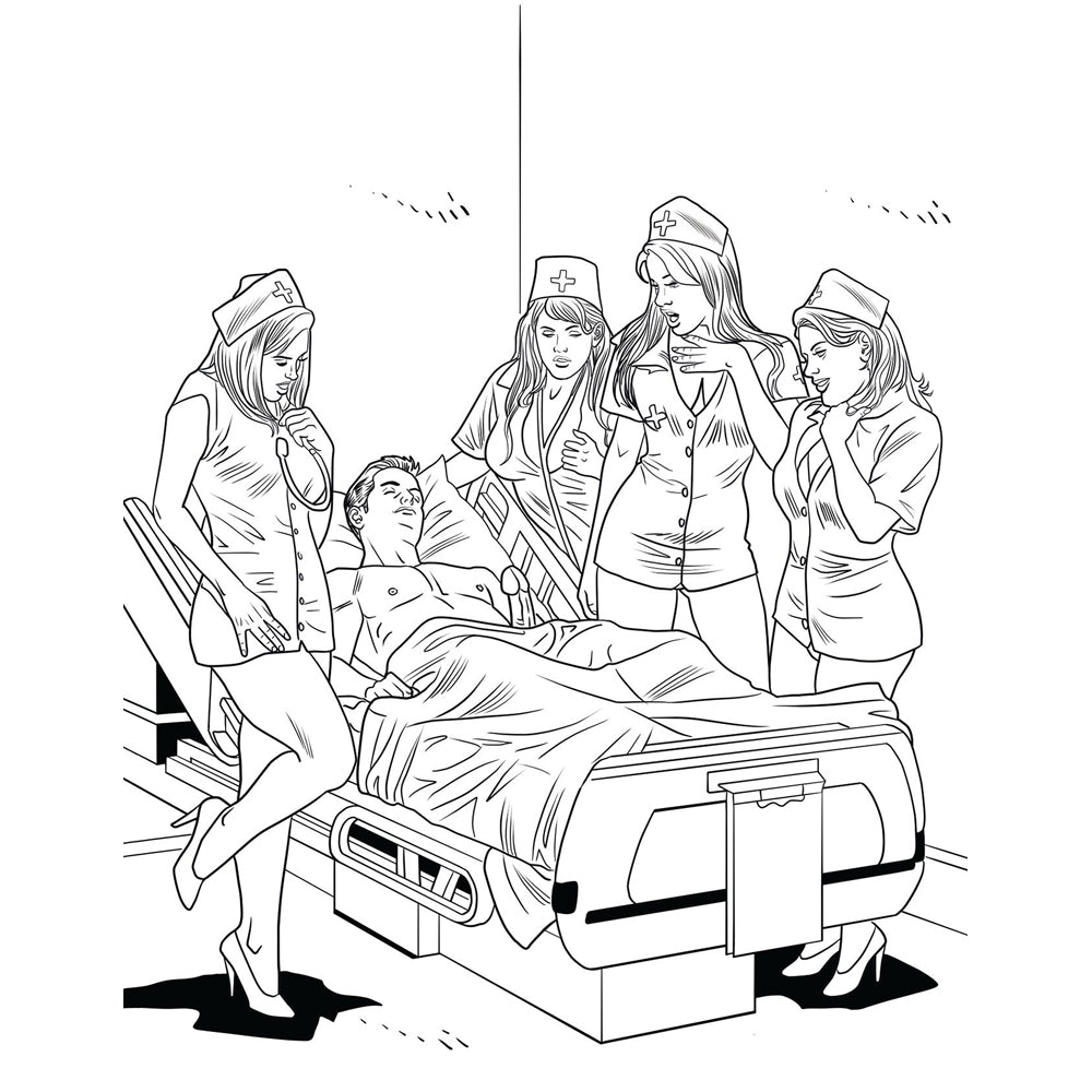 Adult coloring book with illustrations of nurses and a patient.