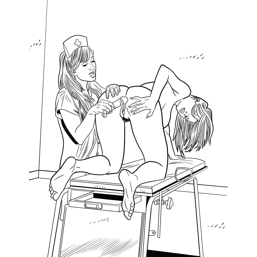Black and white line drawing from XXX Nurses adult coloring book showing a nurse examining a nude woman on an exam table.