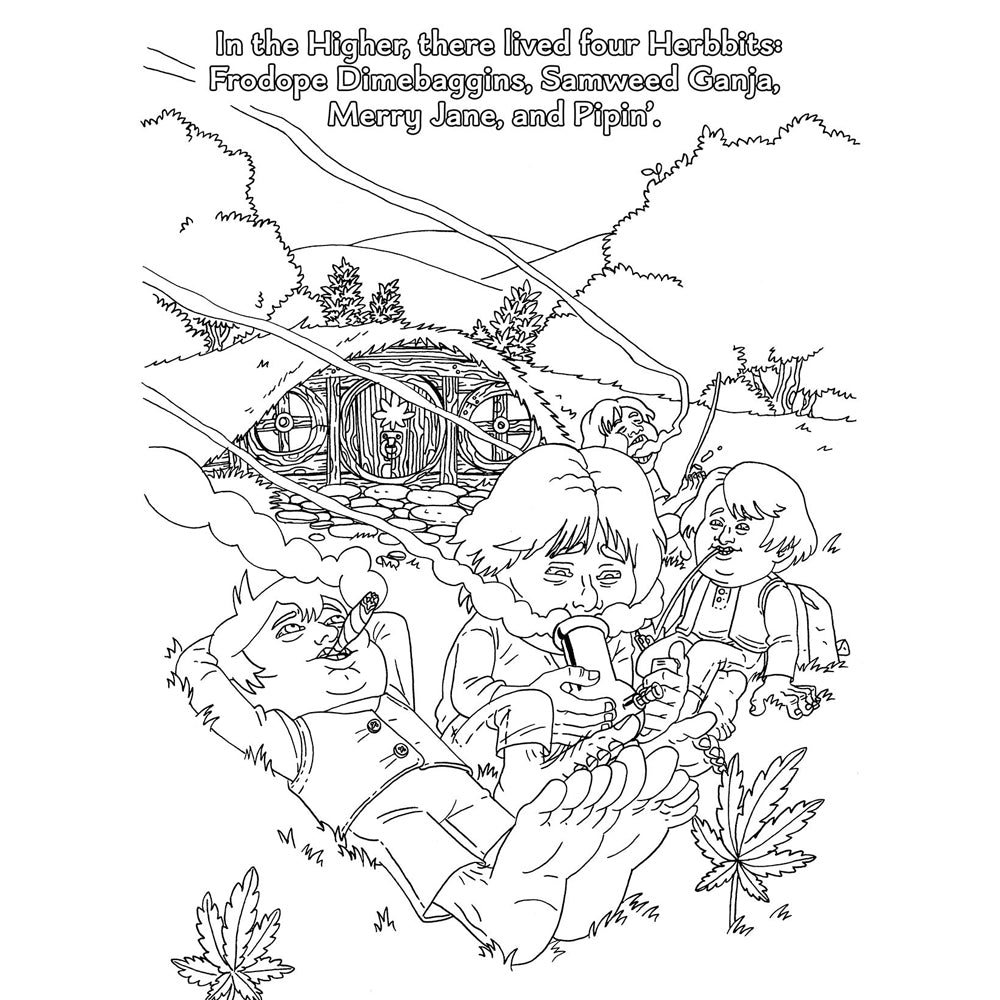 A coloring book page depicts hobbits smoking from pipes and bongs.