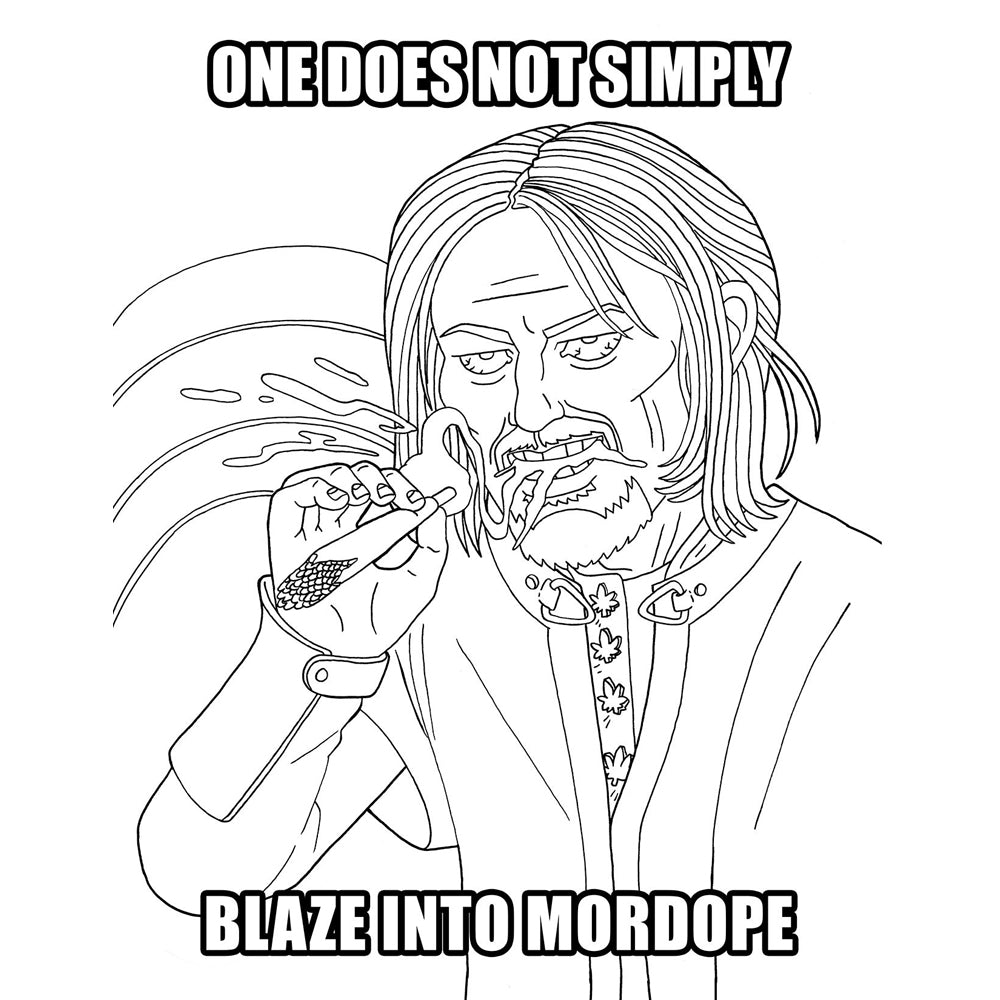 A coloring book page featuring a parody of Boromir from Lord of the Rings holding a joint.