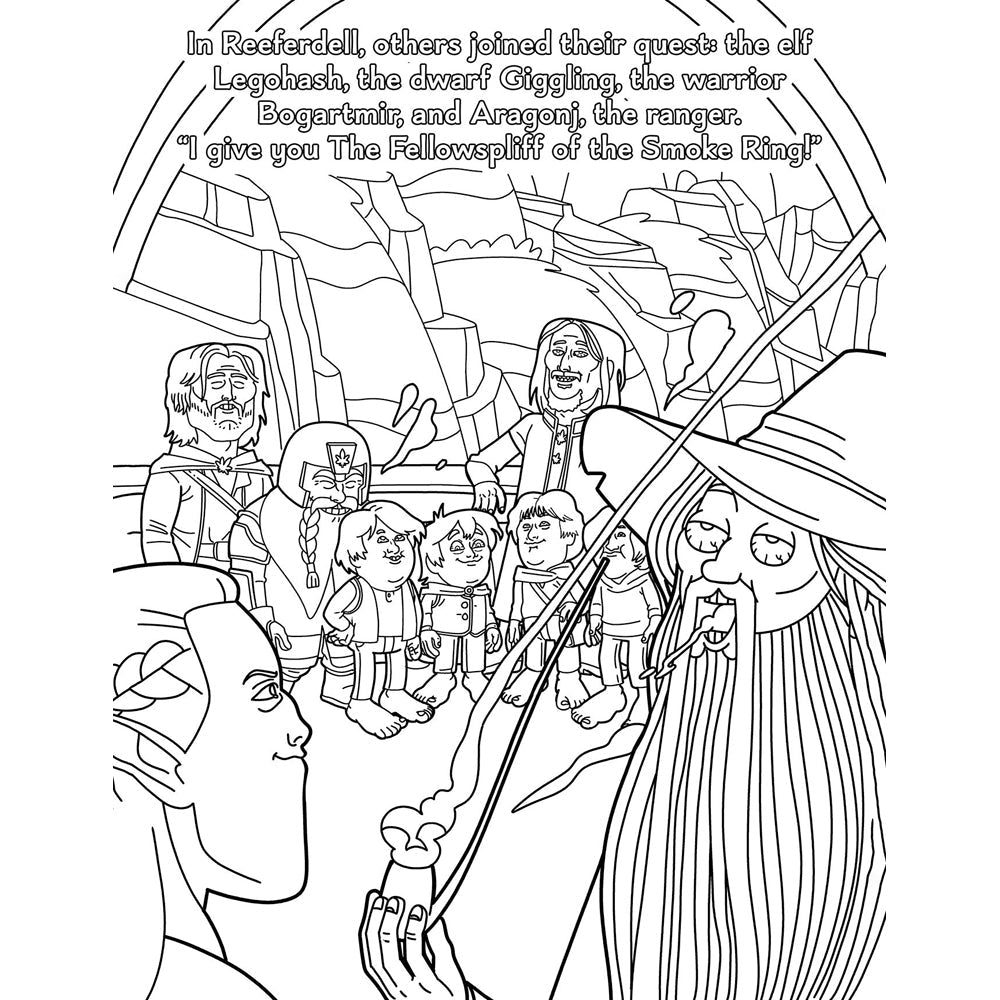 A coloring book page depicts characters from a stoner parody of The Lord of the Rings.